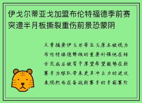 伊戈尔蒂亚戈加盟布伦特福德季前赛突遭半月板撕裂重伤前景恐蒙阴