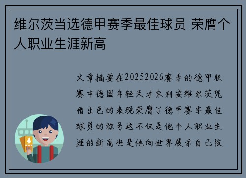 维尔茨当选德甲赛季最佳球员 荣膺个人职业生涯新高